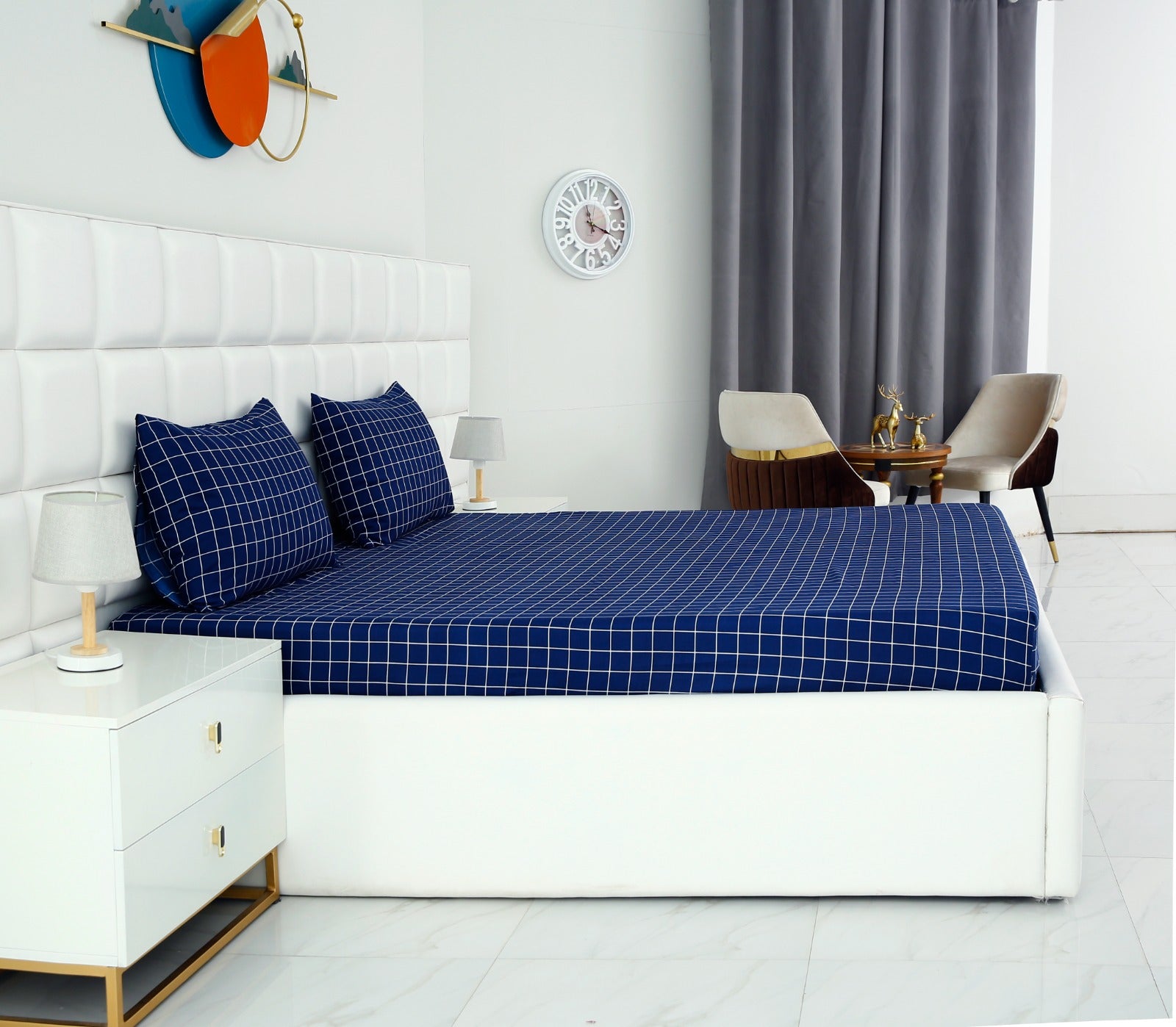 Fitted Bed Sheet-Blue Check Fitted Sheets Apricot