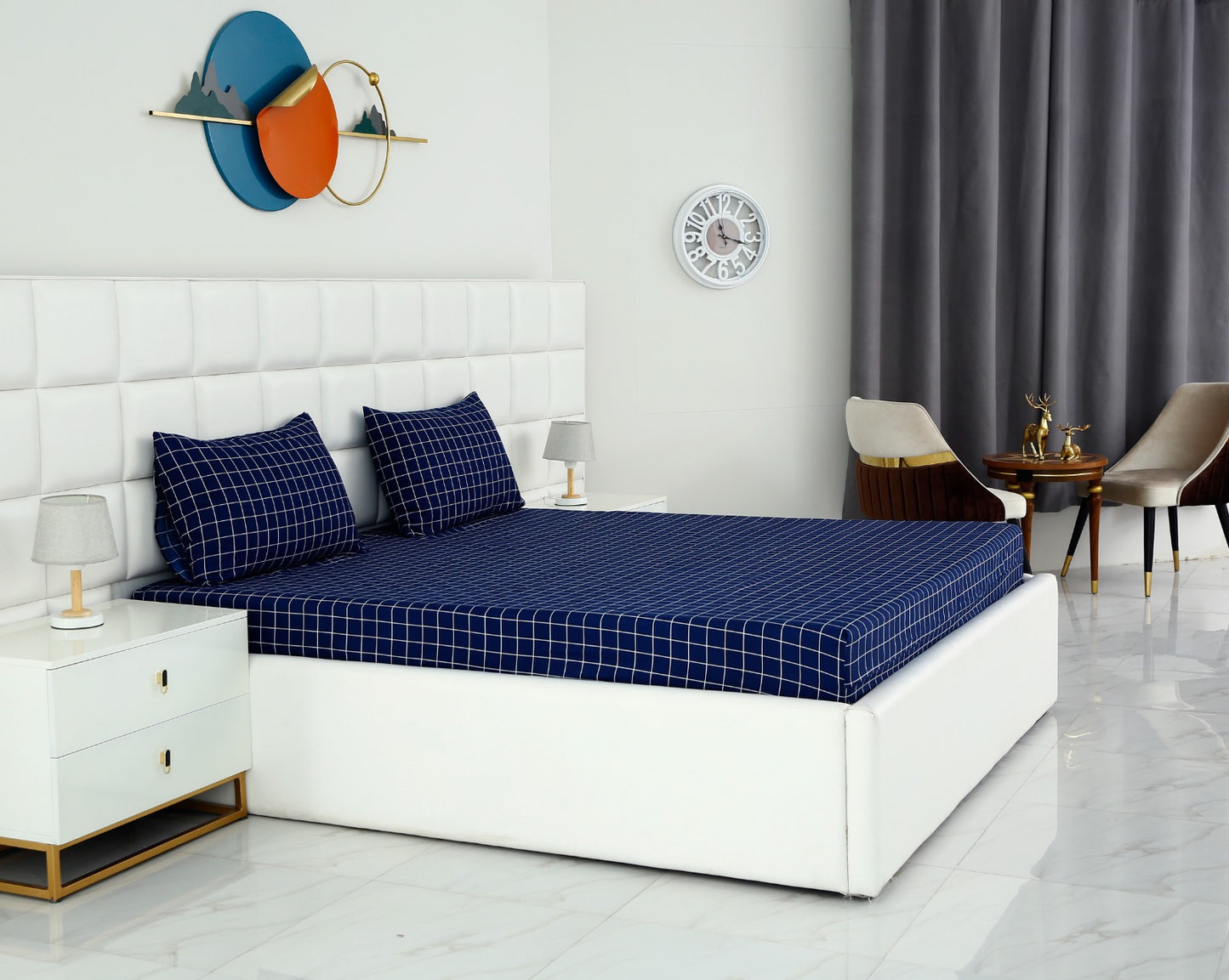 Fitted Bed Sheet-Blue Check Fitted Sheets Apricot