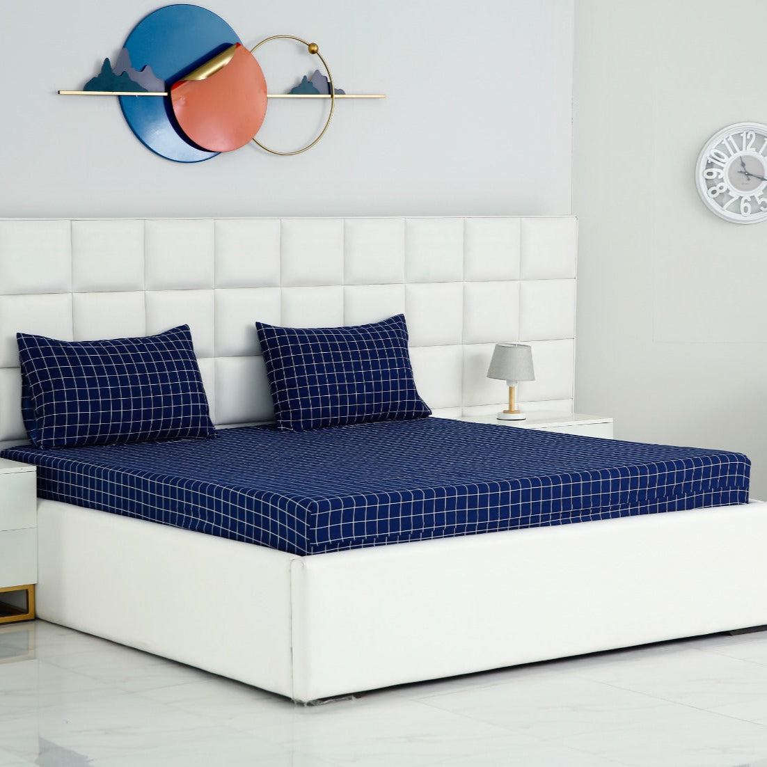 Fitted Bed Sheet-Blue Check Fitted Sheets Apricot