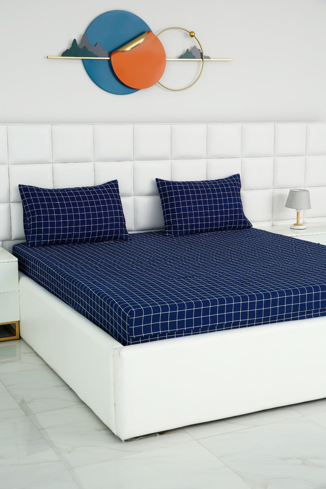 Fitted Bed Sheet-Blue Check Fitted Sheets Apricot
