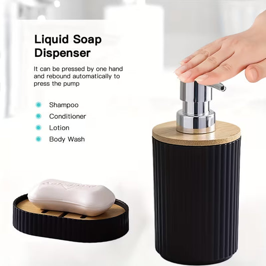 Wooden Lid PVC Bathroom Accessory Set-Stripes With Open Lid(Black)SA2512-02 Bathroom Accessory Sets Apricot