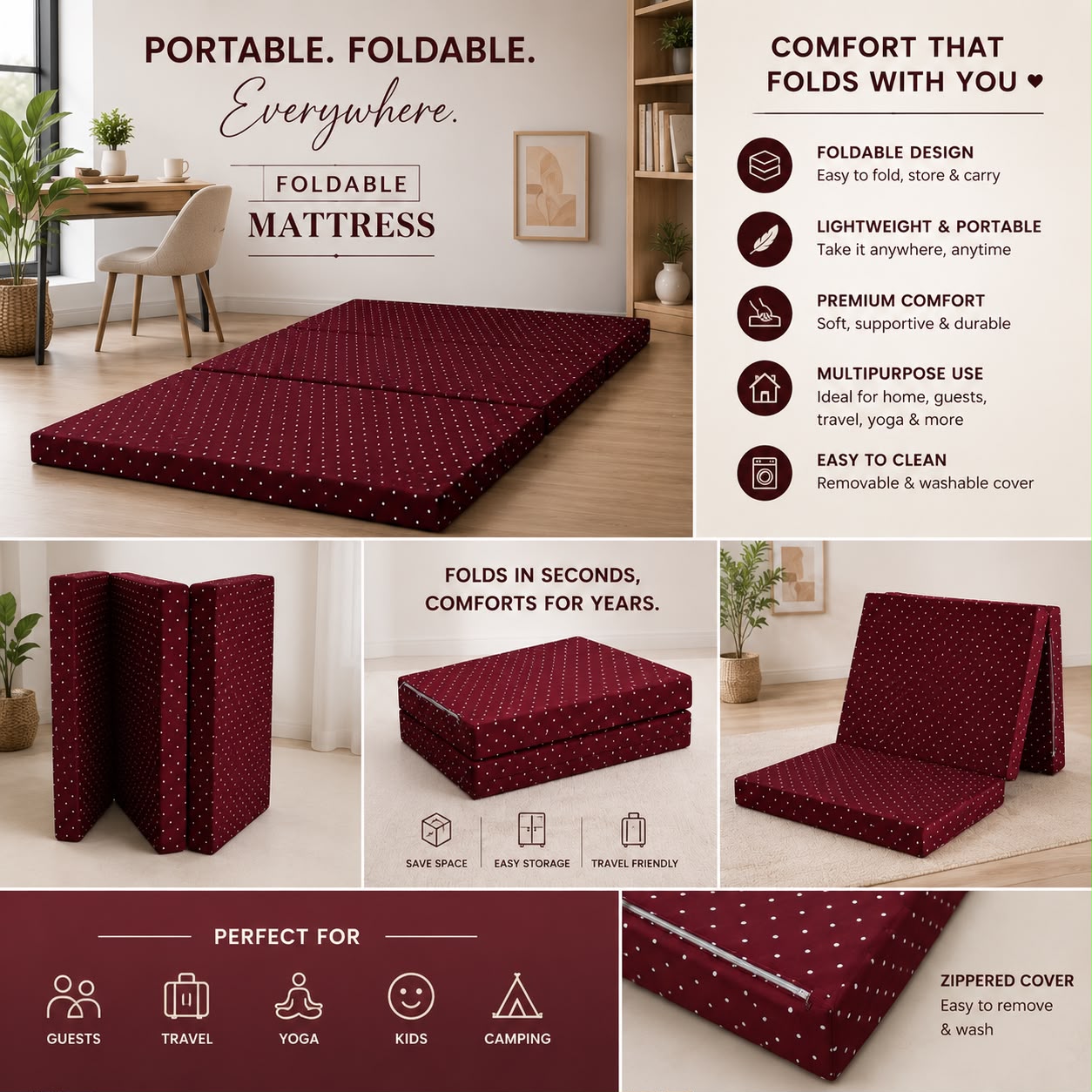 Foldable Mattress Mattress-Plum Polka