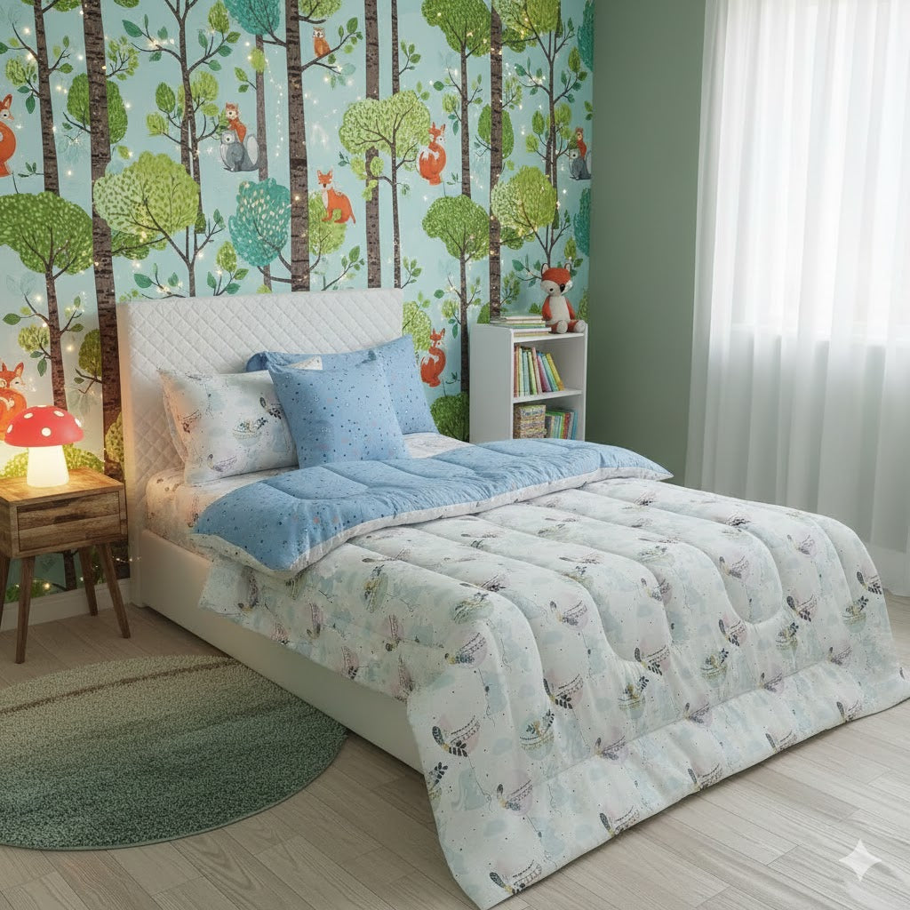 5 PCs Single Kids Razai Set-Sleeping Moon Comforters Apricot