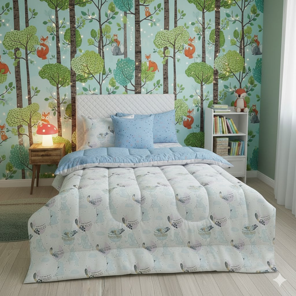 5 PCs Single Kids Razai Set-Sleeping Moon Comforters Apricot