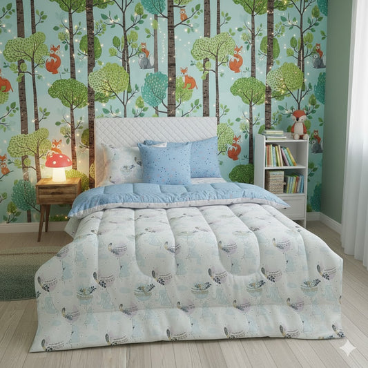 5 PCs Single Kids Razai Set-Sleeping Moon Comforters Apricot