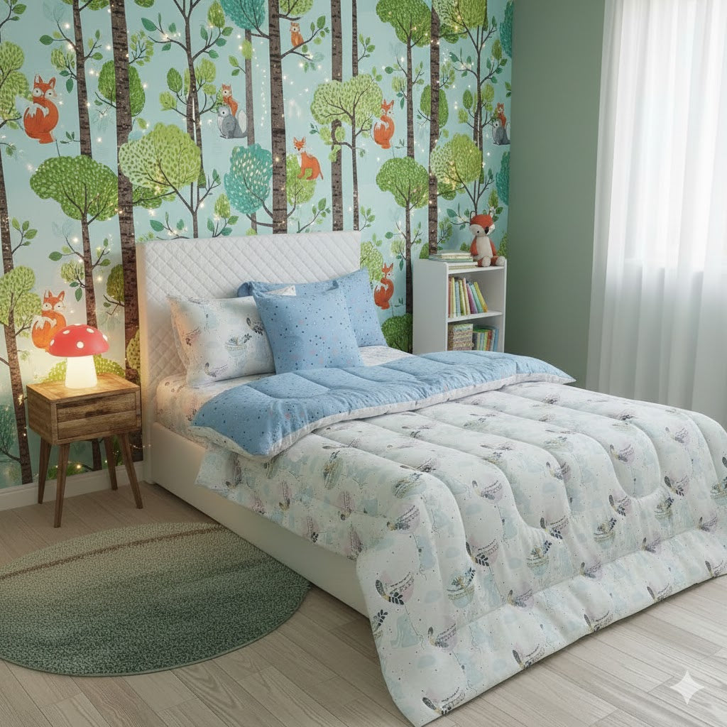 5 PCs Single Kids Razai Set-Sleeping Moon Comforters Apricot