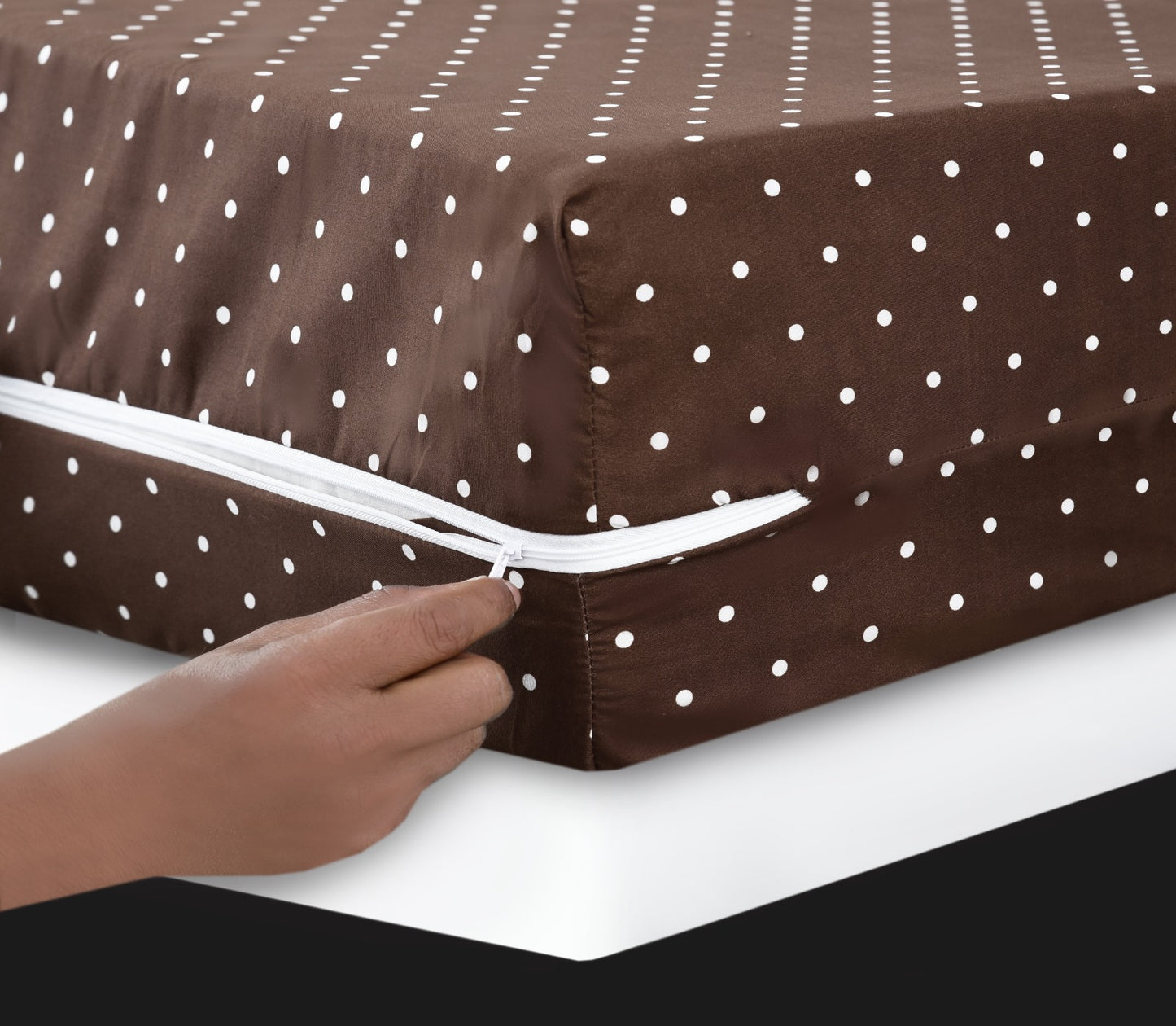 Zipper Mattress Cover Printed- Brown Polka