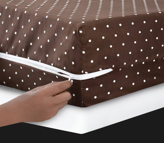 Zipper Mattress Cover Printed- Brown Polka Protectors Apricot