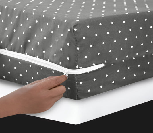 Zipper Mattress Cover Printed- Grey Polka Protectors Apricot