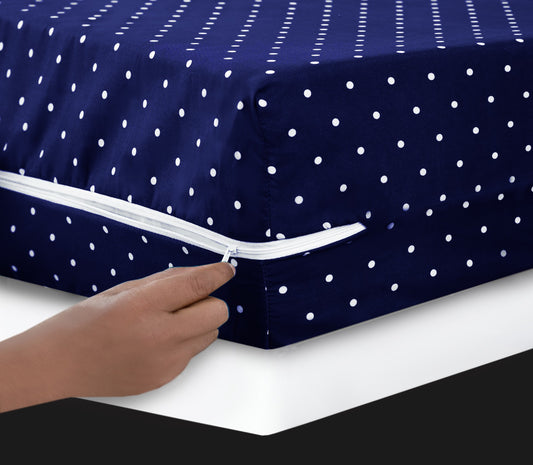 Zipper Mattress Cover Printed- Navy Polka Protectors Apricot