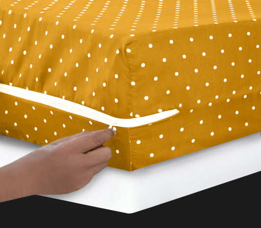 Zipper Mattress Cover Printed- Mustard Polka Protectors Apricot