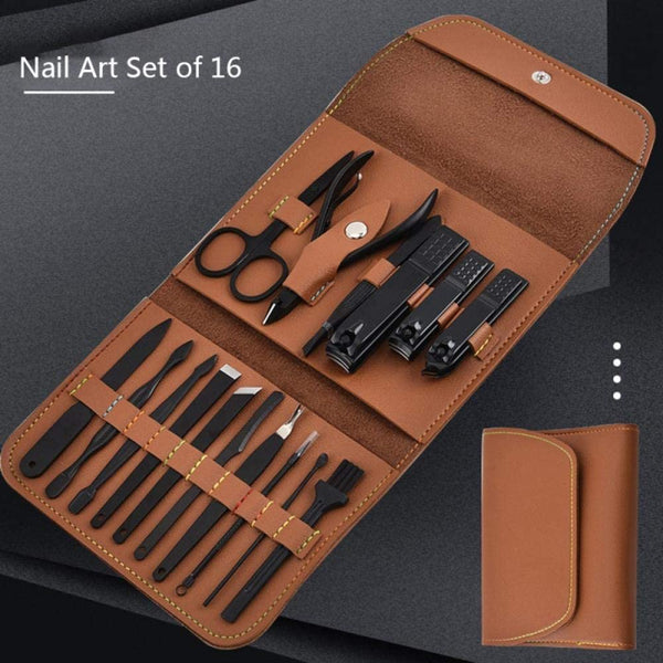 16 PCs Nail Clipper/Manicure & Pedicure Kit-Brown Apricot