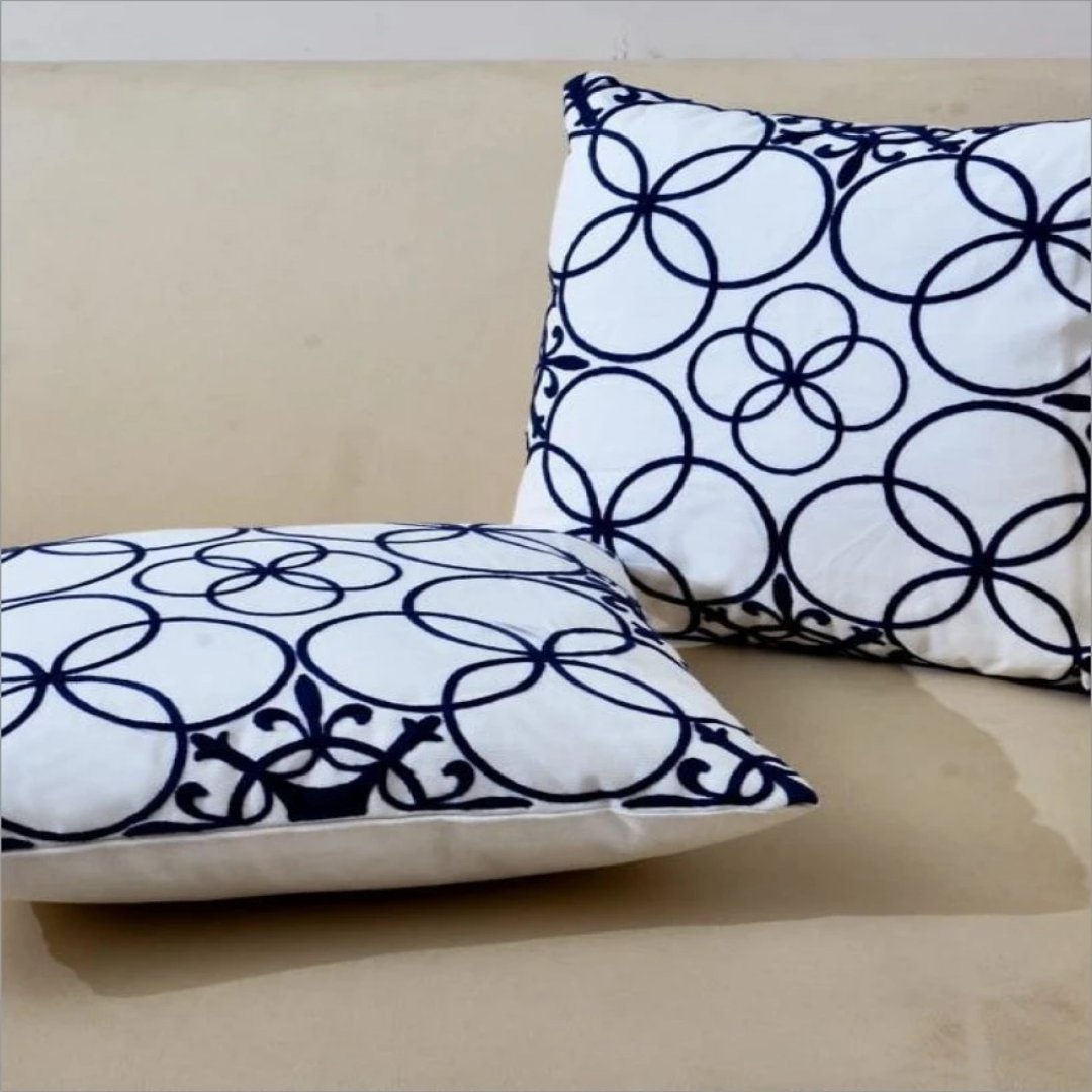 2 PCs Embroidered Cushions-(2695)Lagoon Geometric cushions Apricot   