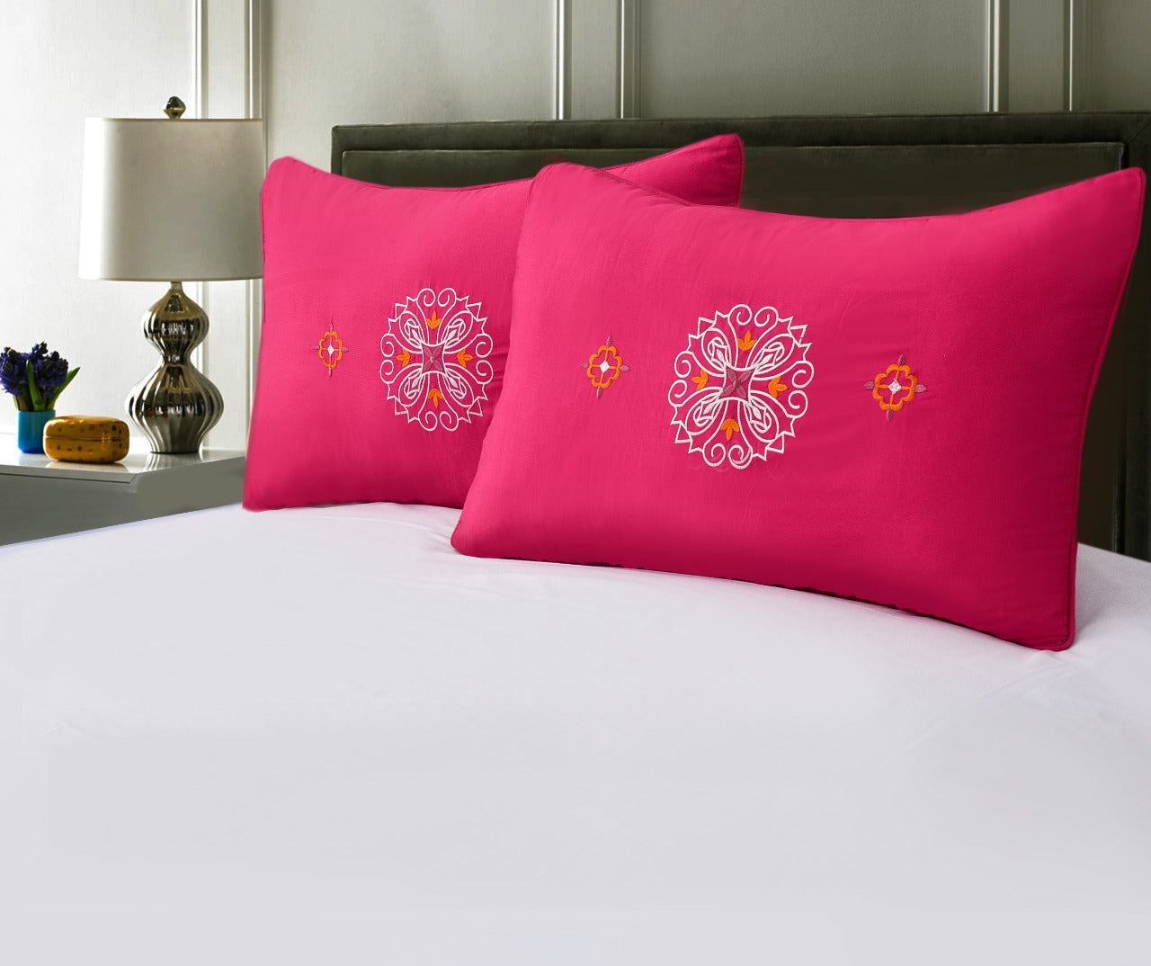 2 PCs Embroidered Pillows(4654)-Pink FILLINGS The Apricot Linen   