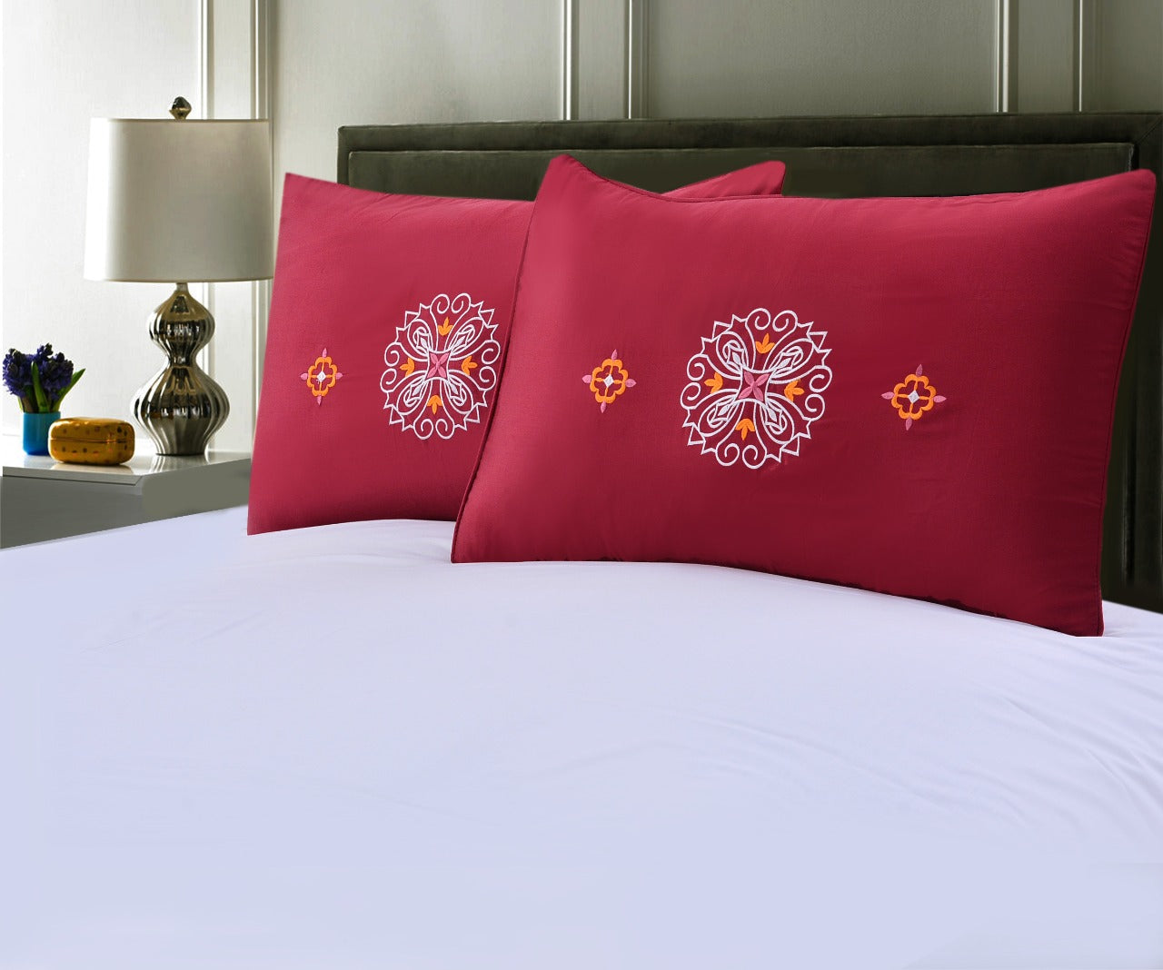 2 PCs Embroidered Pillows(4654)- Red FILLINGS The Apricot Linen   