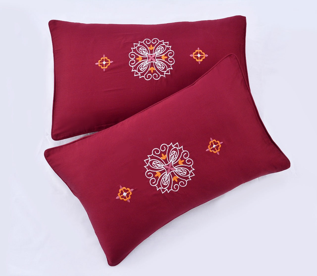 2 PCs Embroidered Pillows(4654)- Red FILLINGS The Apricot Linen   