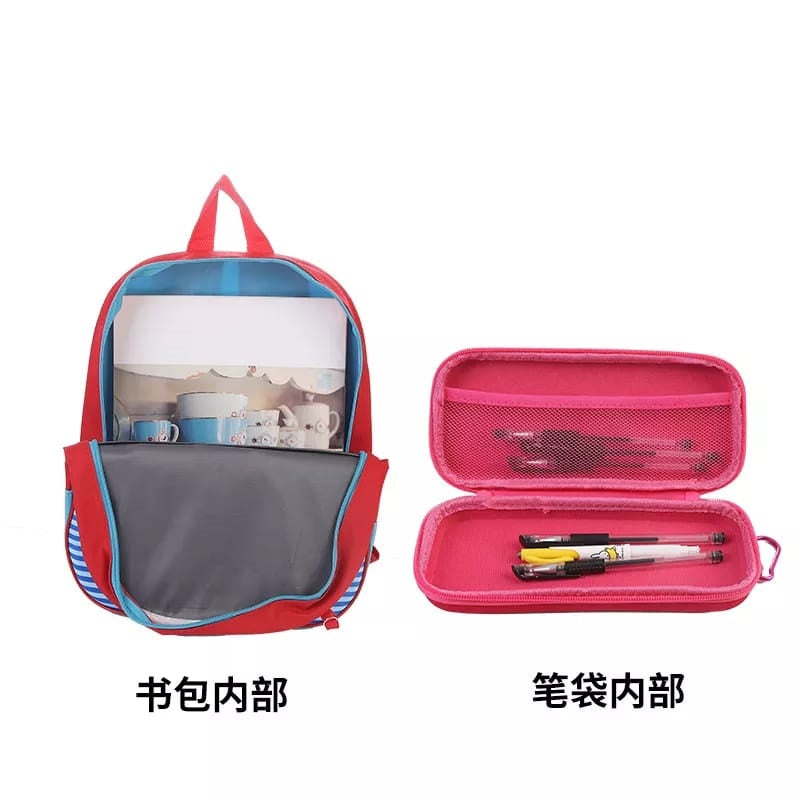 2 PCs Kids School Bag with Geometry Box-Cool Monster  Apricot   