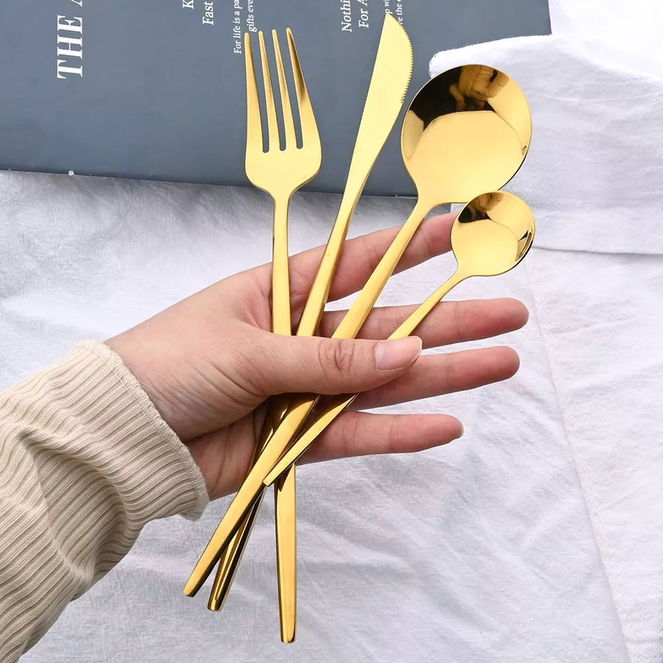 24 Pcs Premium Steel Cutlery Set-Plain Golden(4405) Apricot