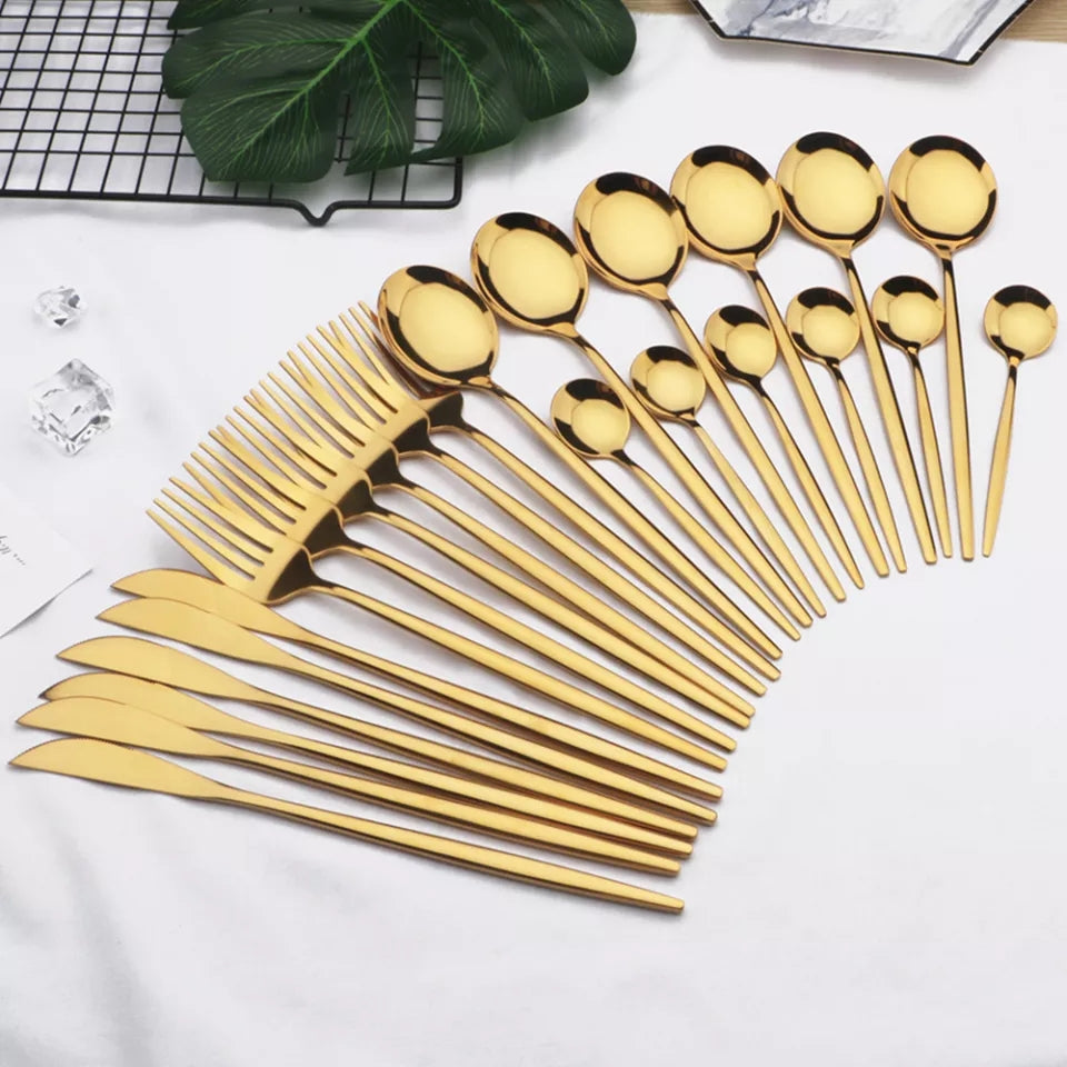 24 Pcs Premium Steel Cutlery Set-Plain Golden(4405) Apricot