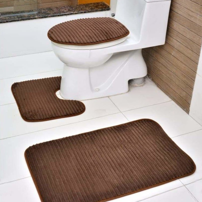 3 PCs Anti Skid Commode Mat Set(2433)-Chocolate brown Apricot