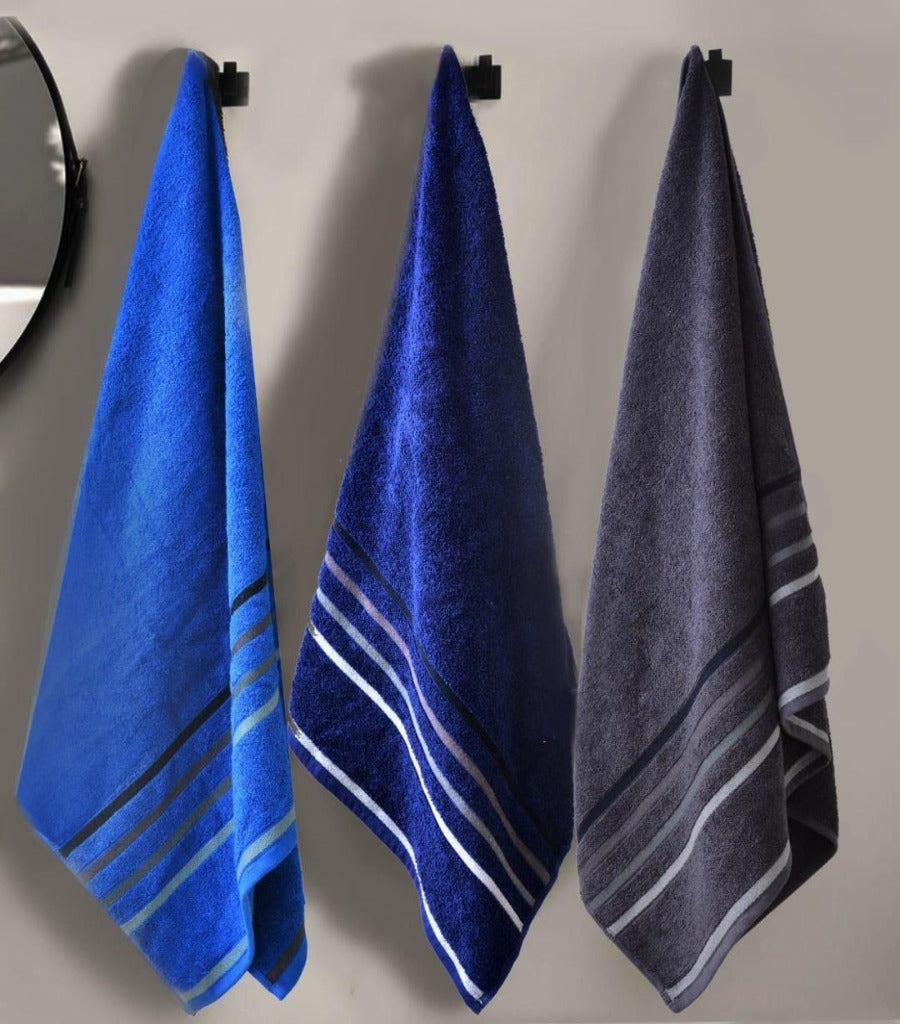 3 PCs Jacquard Stripe Bath Towels- Navy Blue+ Grey+ Royal Blue Apricot