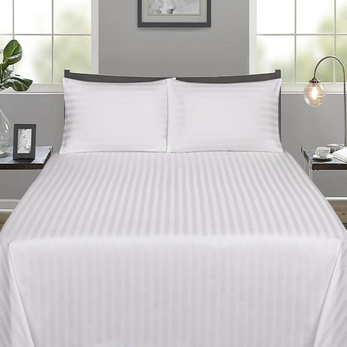 3 PCs Satin Stripe Bed Sheet(3914)-White Apricot