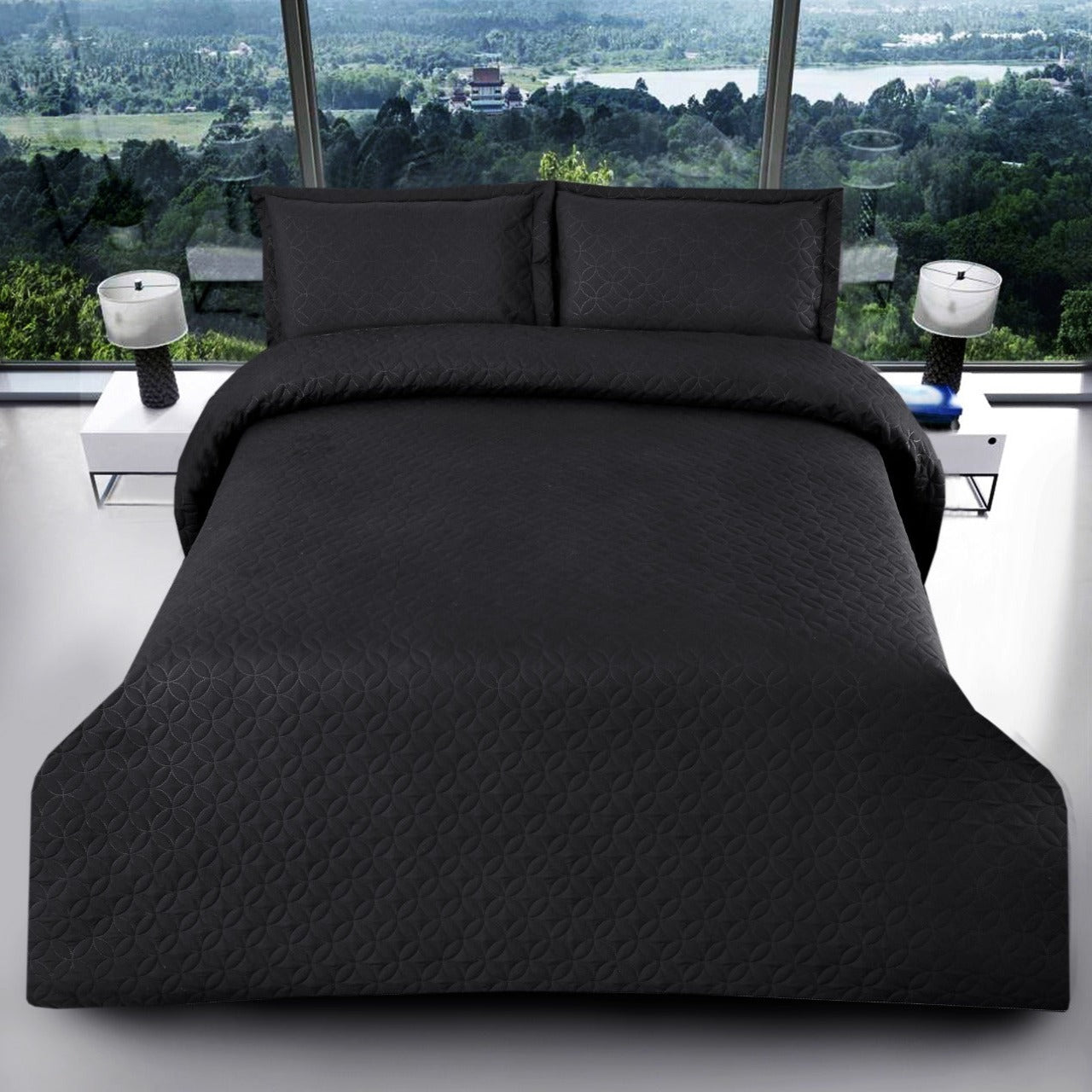 3 PCs UltraSonic Reversible Bed Spread Circles-Black Apricot