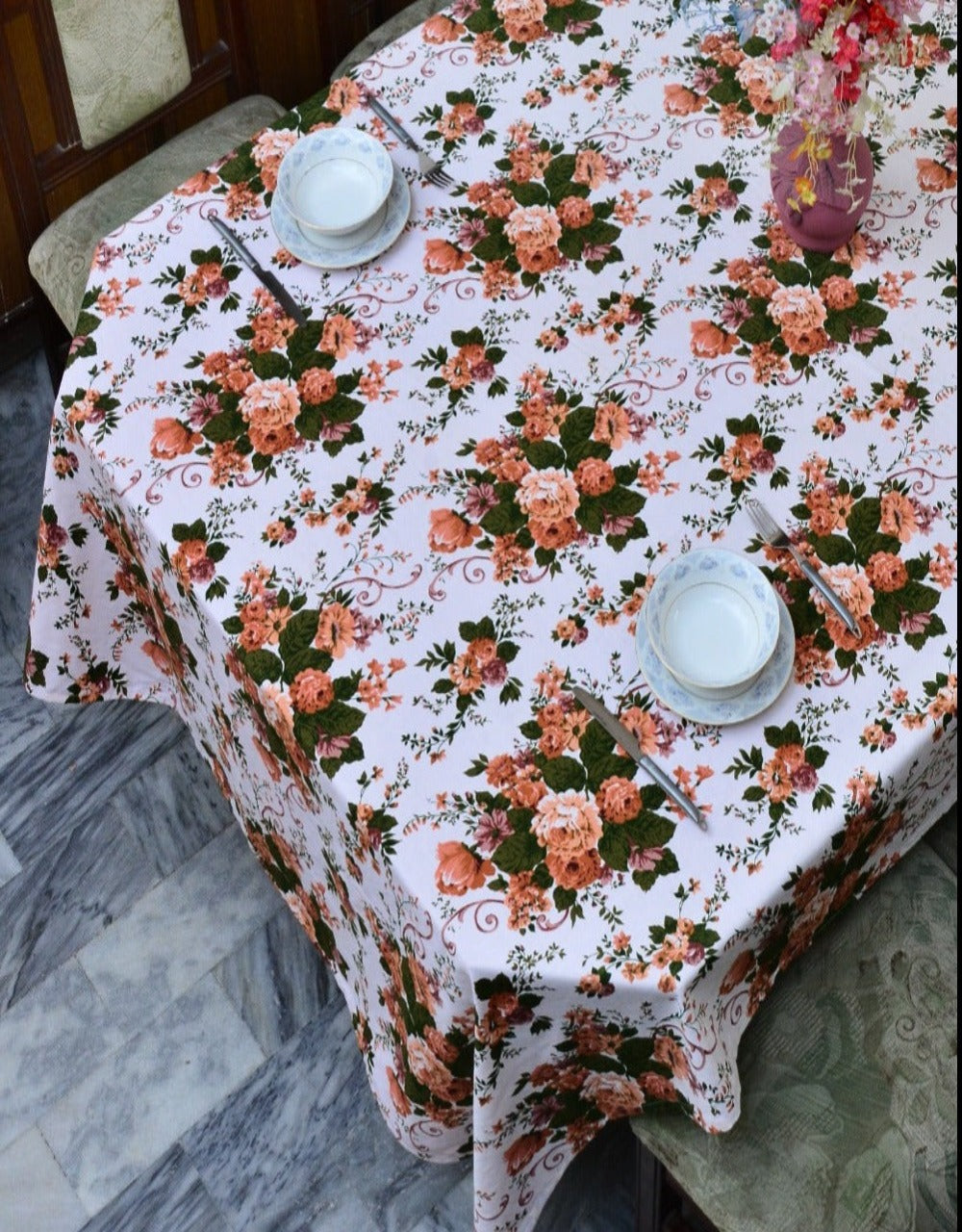 6 & 8 Seater Digital Printed Table Cover(4773)-TB47 Table Cover Apricot   