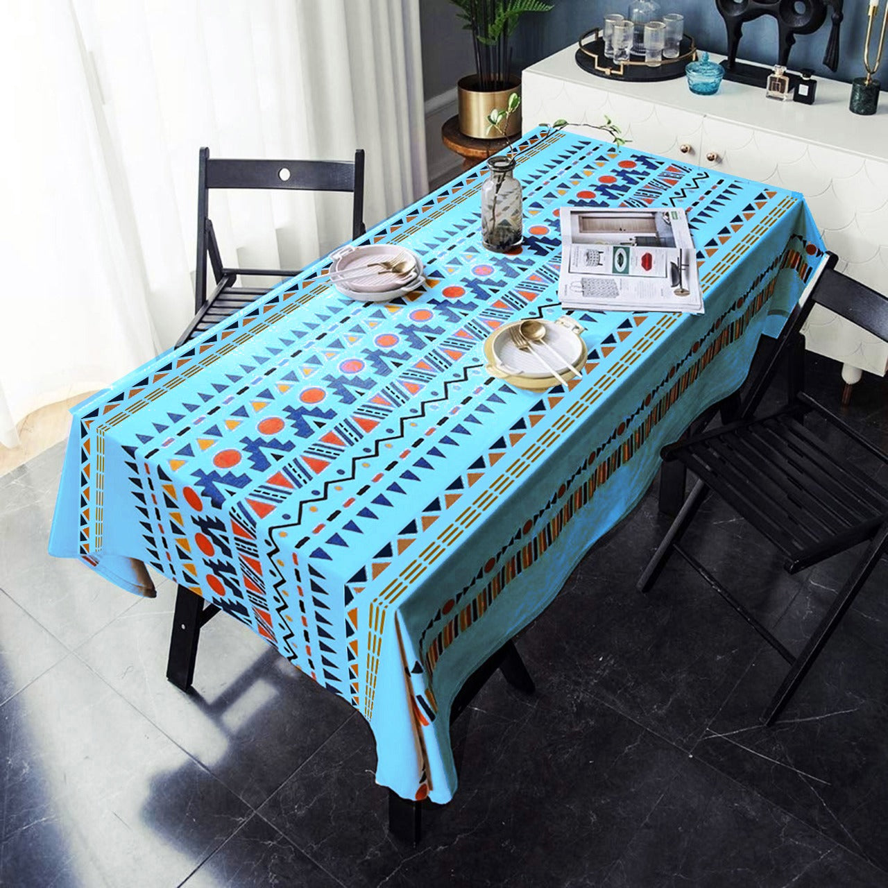 6 & 8 Seater Digital Printed Table Cover-Blue Geometric Table Cover Apricot   