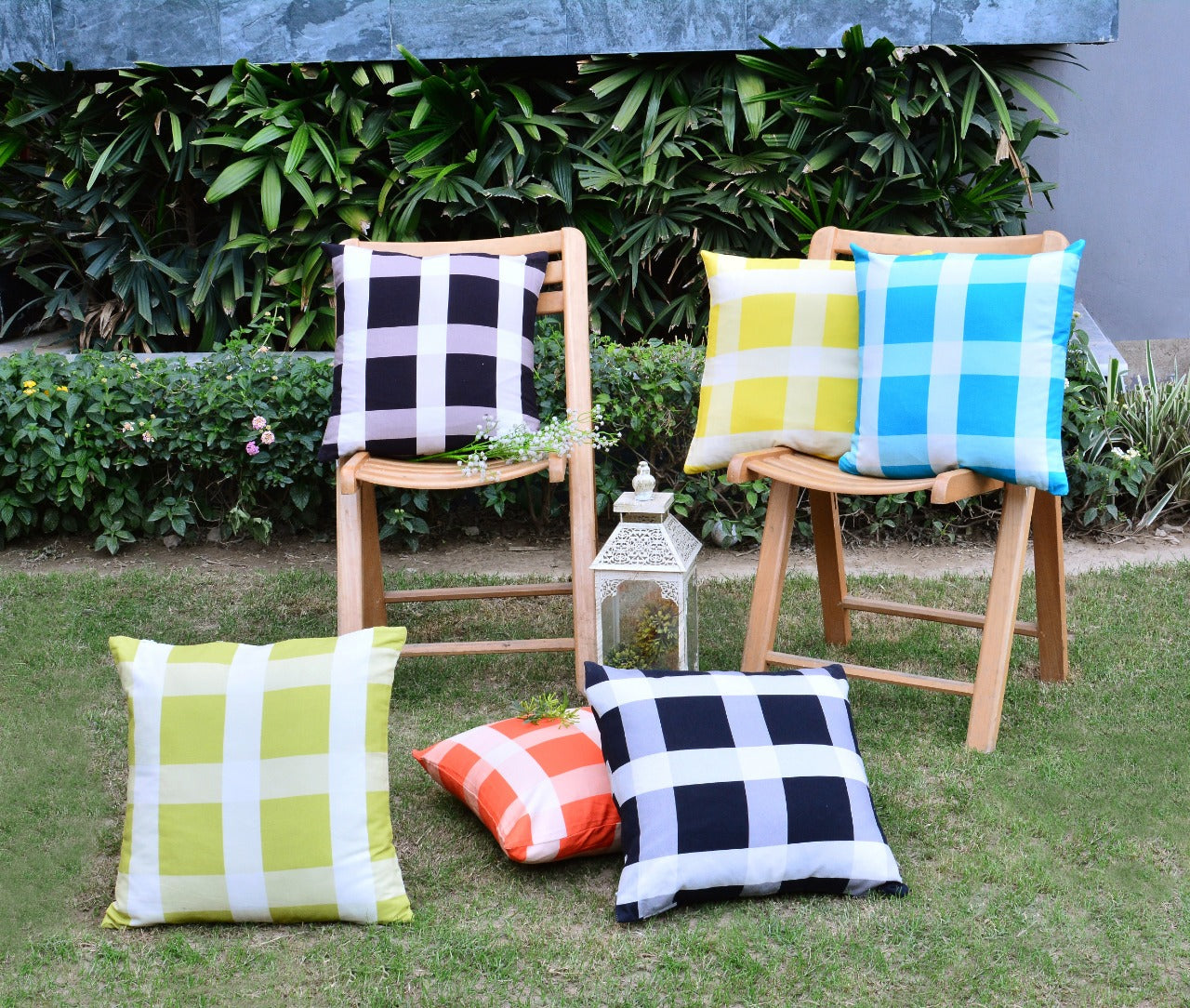 6 PCs Digital Printed Cotton Cushions- Check Box cushions Apricot   