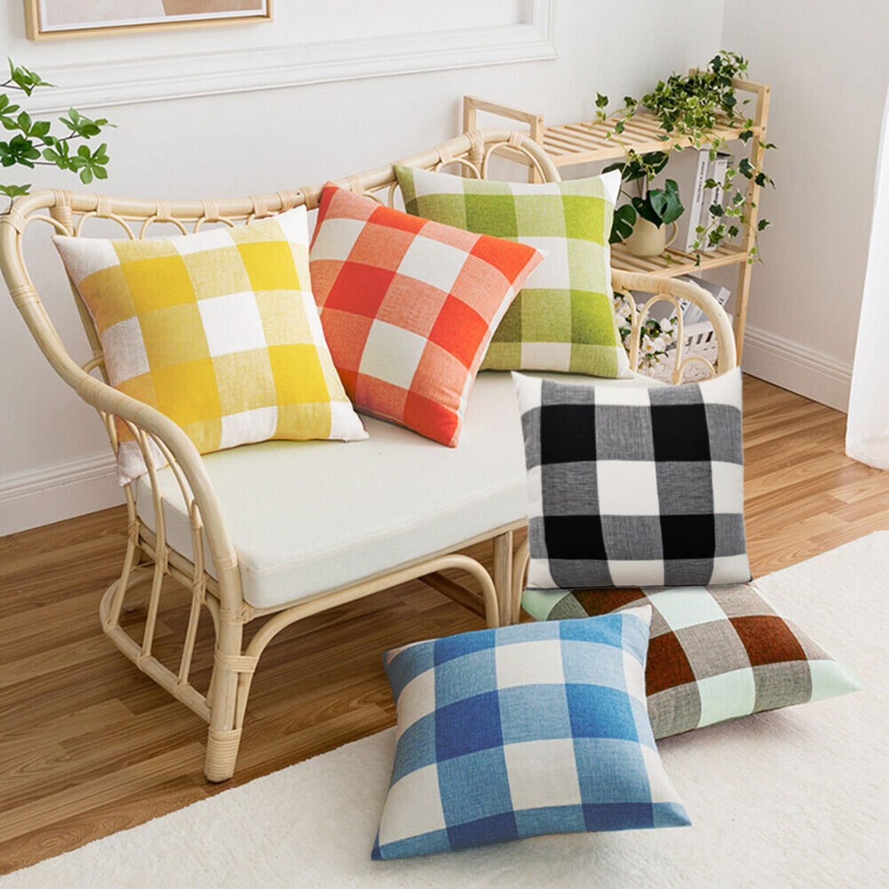 6 PCs Digital Printed Cotton Cushions- Check Box cushions Apricot   