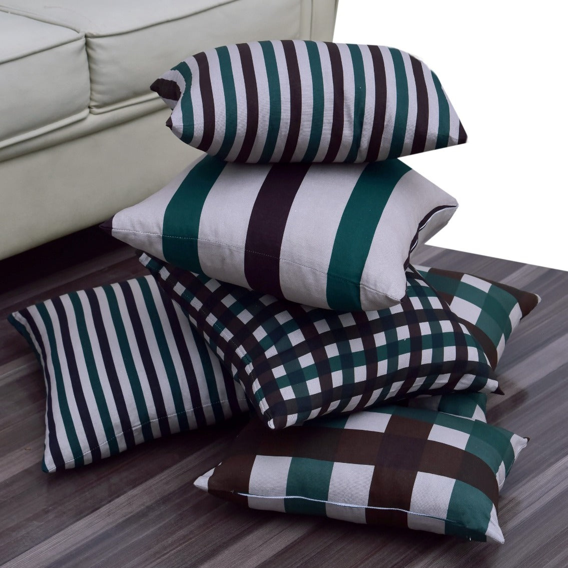 6 PCs Digital Printed Duck Cushions-Grey Check Apricot