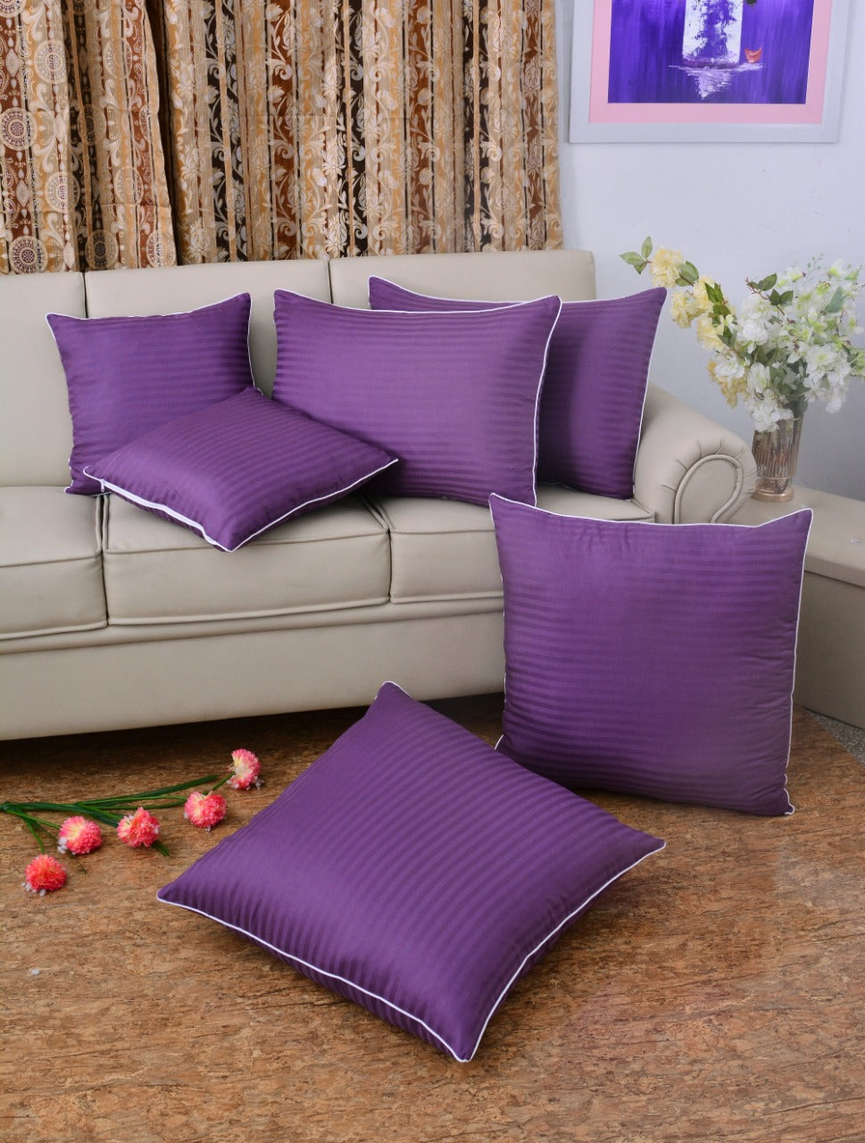 6 PCs Satin Pillows *2 Bed Cushion *2 & Floor Cushion *2 Set-D/Purple  Apricot   