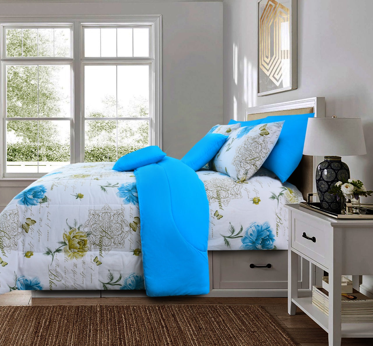 8 PCs Winter Comforter Set-Turquoise Stem Comforters Apricot   