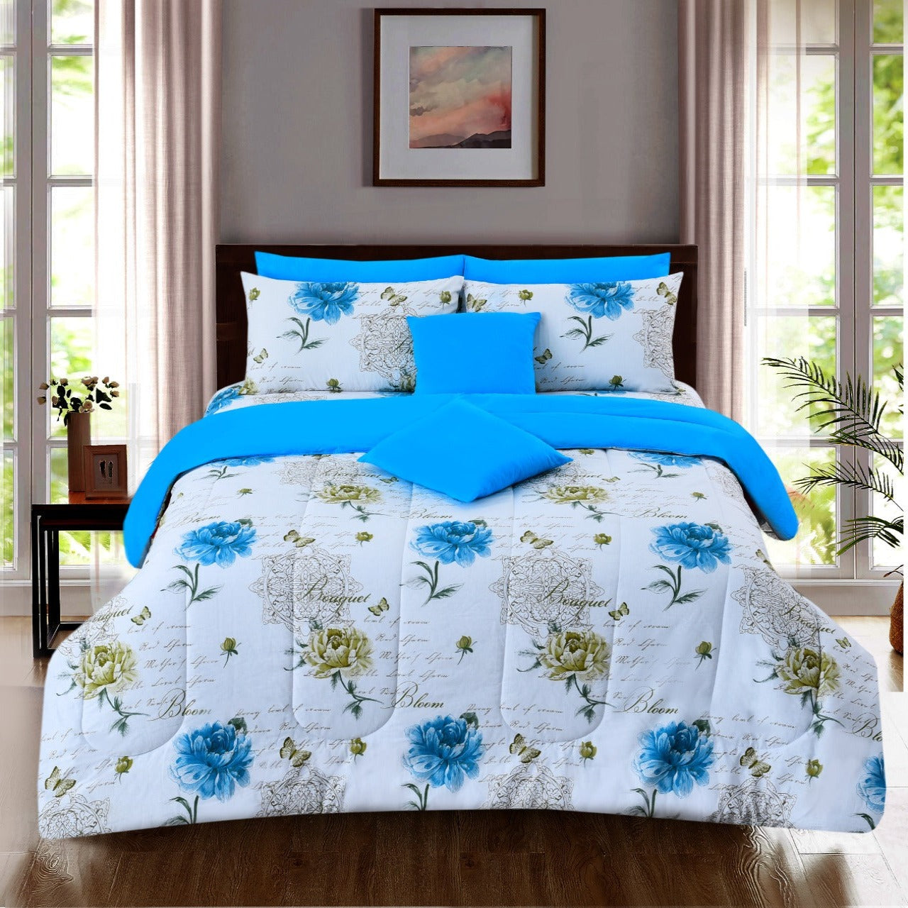 8 PCs Winter Comforter Set-Turquoise Stem Apricot