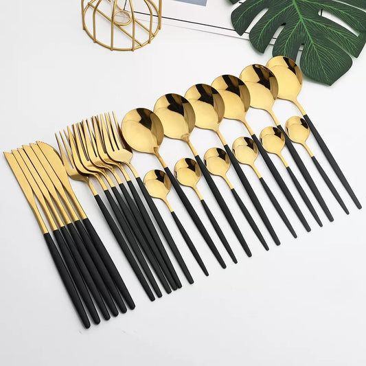 24 PCs Premium Steel Cutlery Set-(4406) Black Over Golden Cutlery Set Apricot