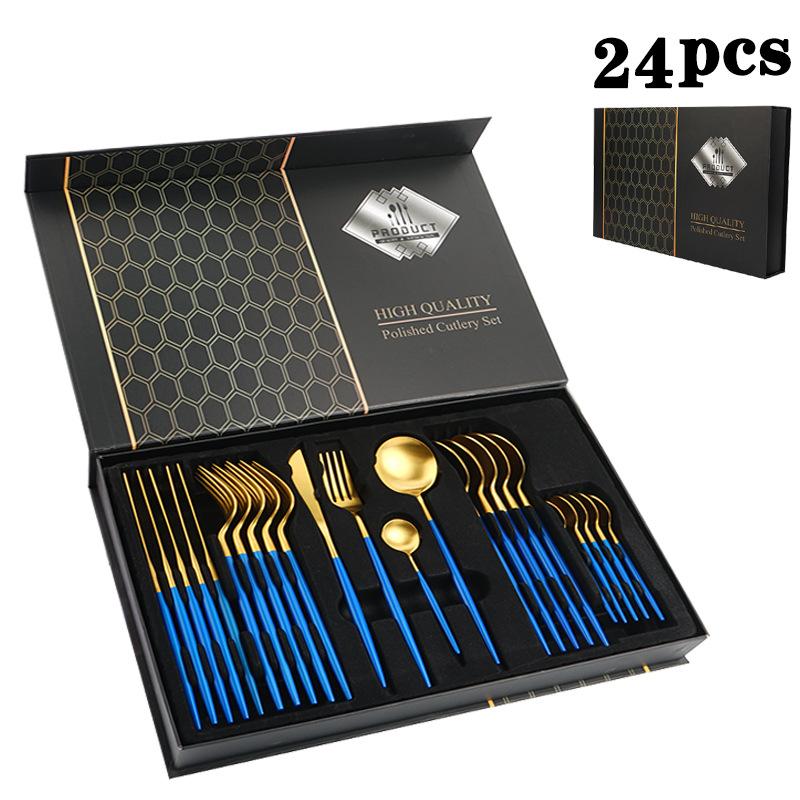 Blue/Golden(4406)-24 Pcs Premium Steel Cutlery Set Apricot