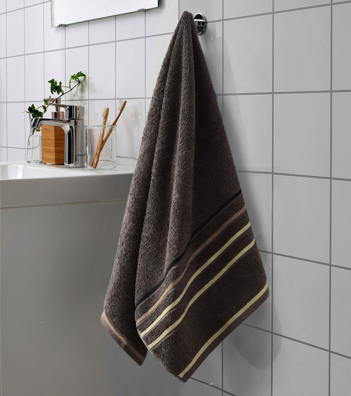 Cotton Towel With Jacquard Stripe (1893) - Charcoal Grey Bath Towels & Washcloths Apricot   