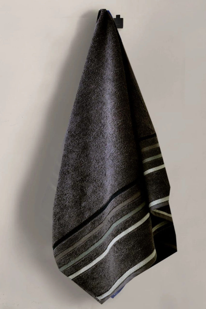 Cotton Towel With Jacquard Stripe (1893) - Charcoal Grey Apricot