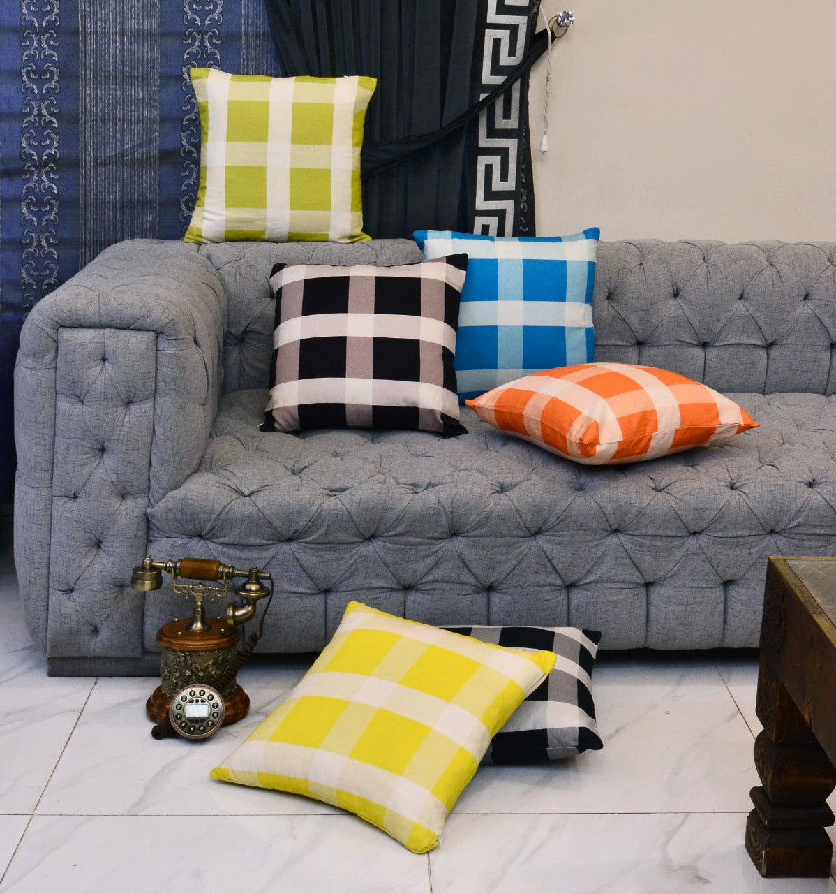 Digital Printed Cotton Cushions-Check Box Apricot