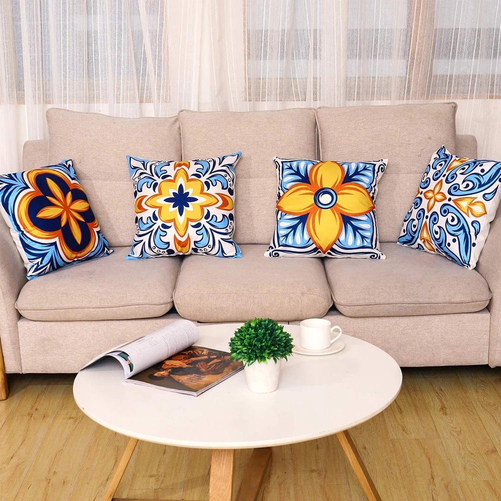 Digital Printed Cushions Assorted 4 PCs-Mustard Pattern cushions Apricot   