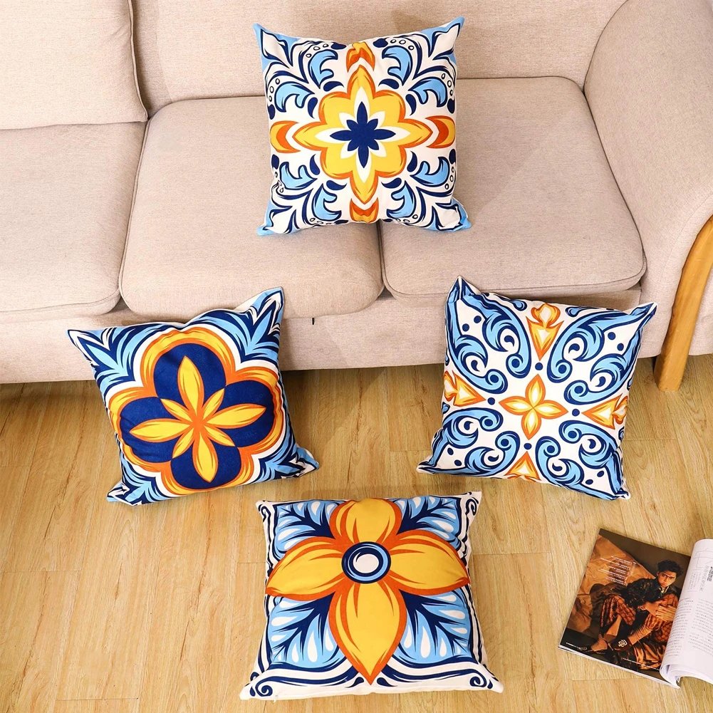 Digital Printed Cushions Assorted 4 PCs-Mustard Pattern cushions Apricot   