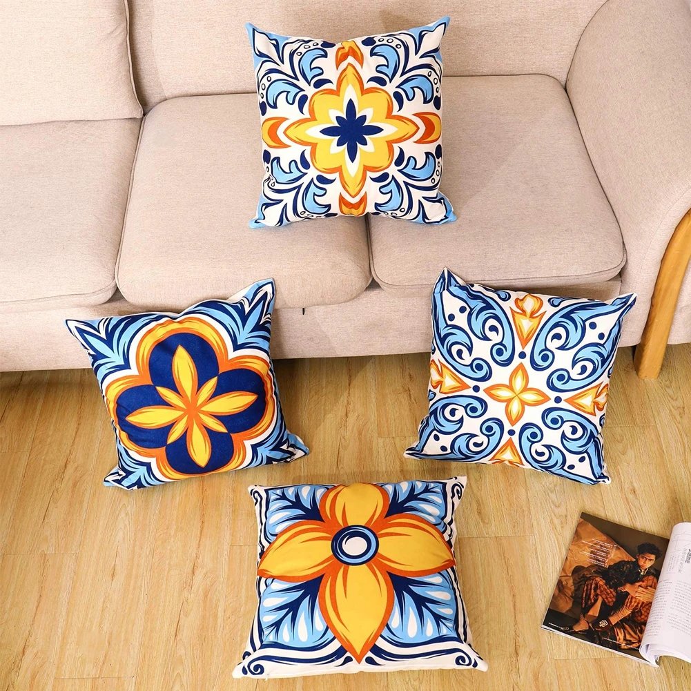 Digital Printed Cushions Assorted 4 PCs-Mustard Pattern Apricot