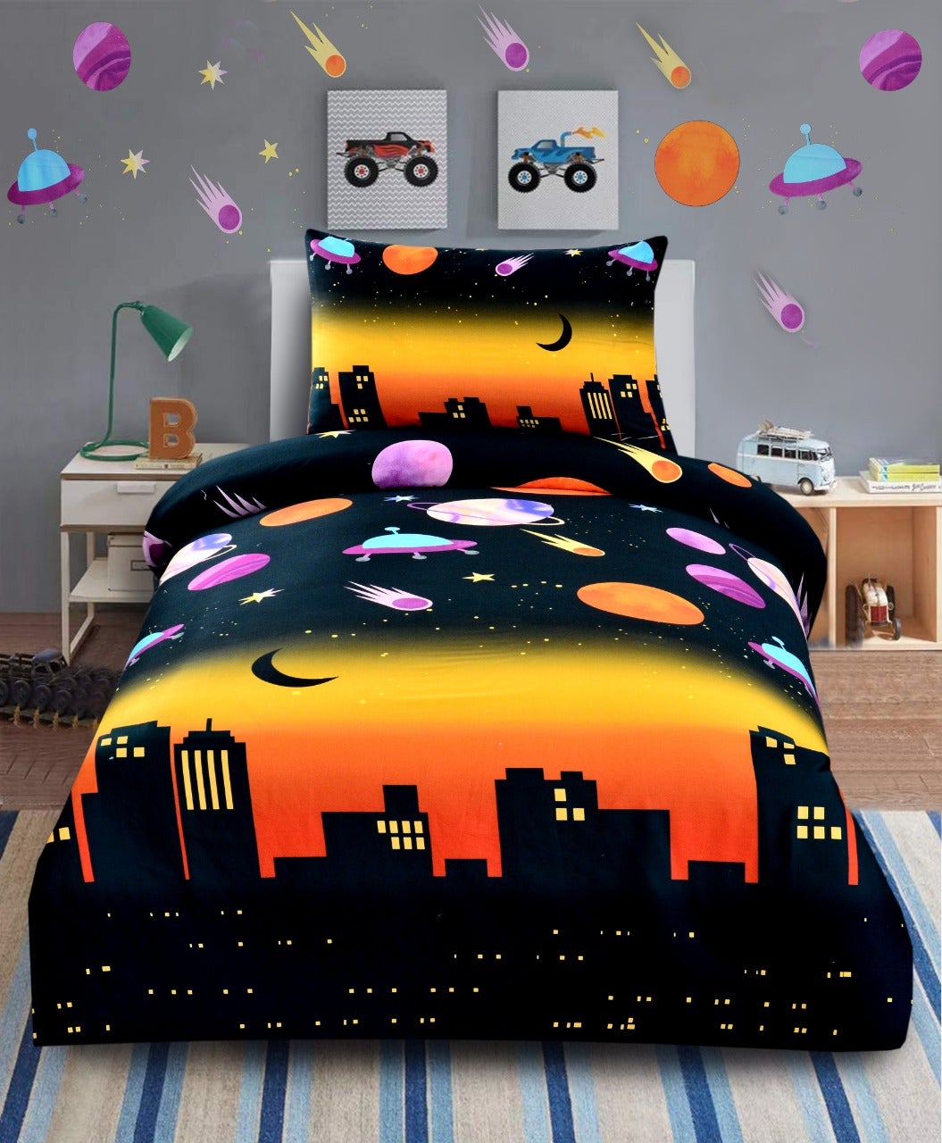 Digital Printed Junior Single Bed Sheet(3891)-Galaxy kids Bed Sheet Apricot   