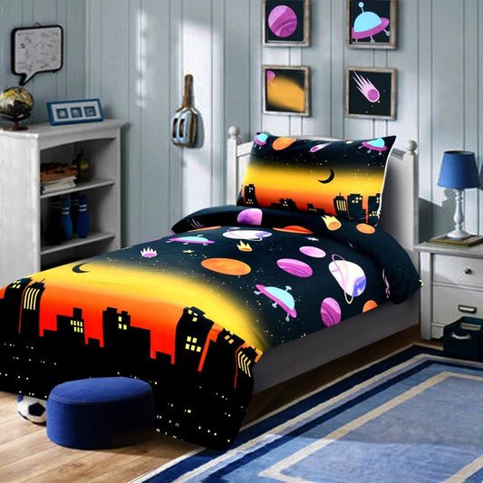 Digital Printed Junior Single Bed Sheet(3891)-Galaxy kids Bed Sheet Apricot   