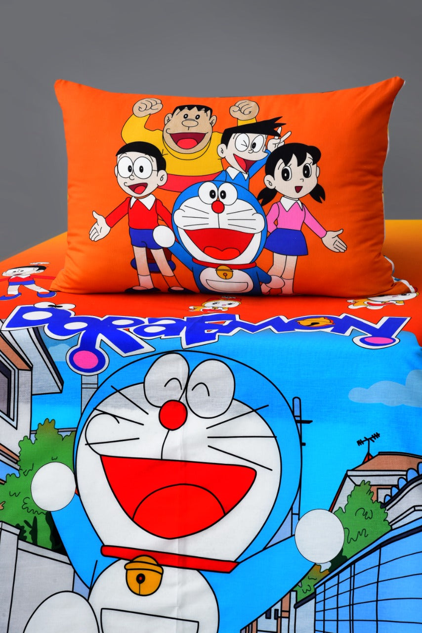 Digital Printed Junior Single Bed Sheet-Doraemon Apricot