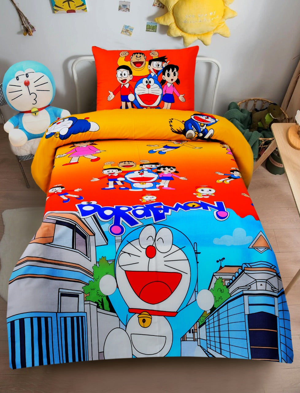 Digital Printed Junior Single Bed Sheet-Doraemon kids Bed Sheet Apricot   