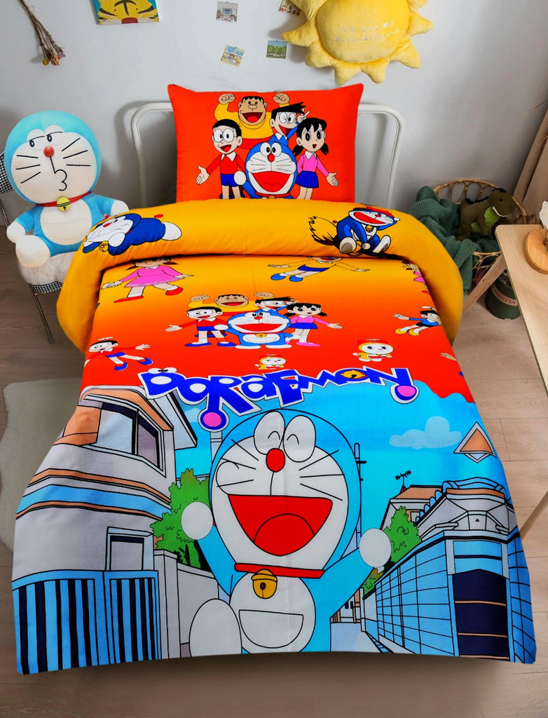 Digital Printed Junior Single Bed Sheet-Doraemon Apricot