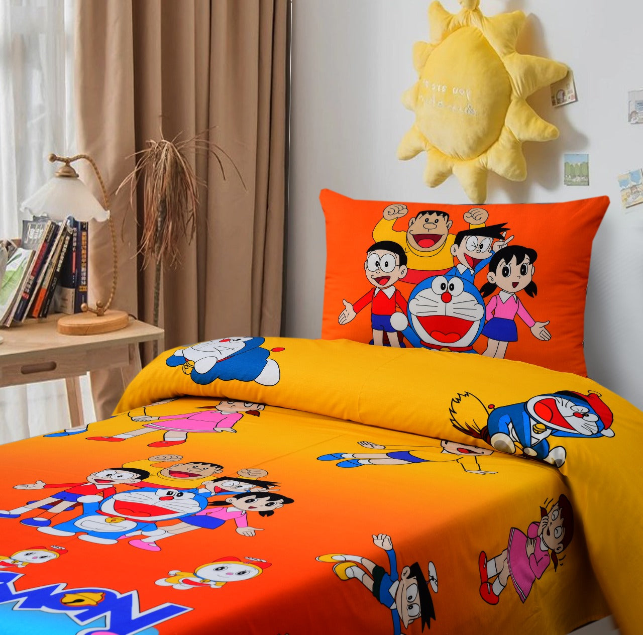 Digital Printed Junior Single Bed Sheet-Doraemon Apricot