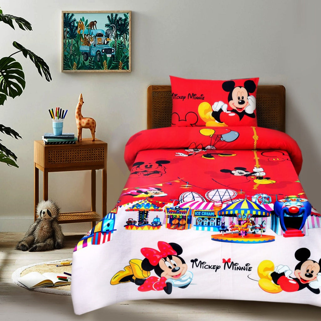 Digital Printed Junior Single Bed Sheet-Mickey Minnie Apricot